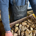 Gros plan sur un ostréiculteur équipé d'un waders de conchyliculture homme PROS Wear avec poche zippée renforcée, tenant une caisse d'huitres abrasive.