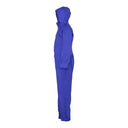 Combinaison intégrale imperméable PVC souple bleu électrique PROS Wear modèle 104, poignet coupe-vent avec manchon élastiqué et ourlet de cheville élastiqué - vue de profil.