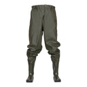 Pantalon waders PROS Wear modèle SP03, de couleur vert olive avec bottes intégrées et taille élastiquée - vue de face.