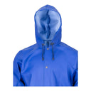 Gros plan sur la capuche avec cordon de serrage et boutons-pression du manteau long imperméable bleu électrique PROS Wear modèle 106.