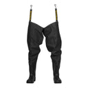 Paire de cuissardes professionnelles en PVC noir PROS Wear modèle WR02, avec bottes intégrées et sangles de fixation à la ceinture - vue de face.