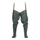 Paire de cuissardes professionnelles en PVC olive foncé PROS Wear modèle WR02, avec bottes intégrées et sangles de fixation à la ceinture - vue de face.