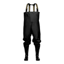 Waders professionnel en PVC PROS Wear modèle SB01 noir, avec bottes intégrées et bretelles élastiques - vue de face.