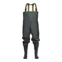 Waders professionnel en PVC PROS Wear modèle SB01 olive foncé, avec bottes intégrées et bretelles élastiques - vue de face.