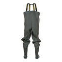 Waders souple en PVC PROS Wear modèle SB01 olive foncé, avec bottes intégrées et bretelles élastiques - vue de dos.