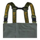 Gros plan : Bretelles élastiques avec marquage PROS jaune et clips ajustables haute résistance du waders SB01 - vue de face.