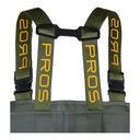 Gros plan : Bretelles élastiques avec marquage PROS jaune et clips ajustables haute résistance du waders SB01 - vue de dos.