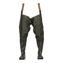 Cuissardes de sécurité PROS Wear modèle WRM02/B en PVC olive foncé, avec bottes de sécurité S5 et renforts aux genoux - vue de face.