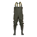 Waders de sécurité PROS Wear modèle SBM01/B en PVC olive foncé, avec bottes de sécurité S5 intégrées et renforts aux genoux - vue de face.