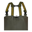 Gros plan : Cordon de serrage à bloqueur et bretelles élastiques ajustables du waders de sécurité SBM01/B, pour un ajustement hermétique.