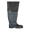 Détail botte S5 : Botte de sécurité intégrée au waders SBM01/B avec embout acier 200J et talon absorbeur de chocs pour réduire la fatigue.