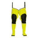 Cuissardes de sécurité haute visibilité jaune fluo PROS Wear modèle WRM02/FLUO, avec bottes S5 et renforts de genoux noirs - vue de face.