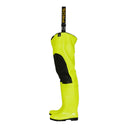 Cuissarde de sécurité jaune fluo WRM02/FLUO montrant la sangle de fixation ceinture et la botte de sécurité intégrée - vue de profil.
