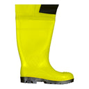 Détail botte S5 : Botte de sécurité jaune fluo avec embout en acier 200J et semelle anti-perforation intégrée à la cuissarde WRM02/FLUO.