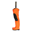 Cuissarde de sécurité orange fluo WRM02/FLUO montrant la sangle de fixation ceinture et la botte de sécurité intégrée - vue de profil.