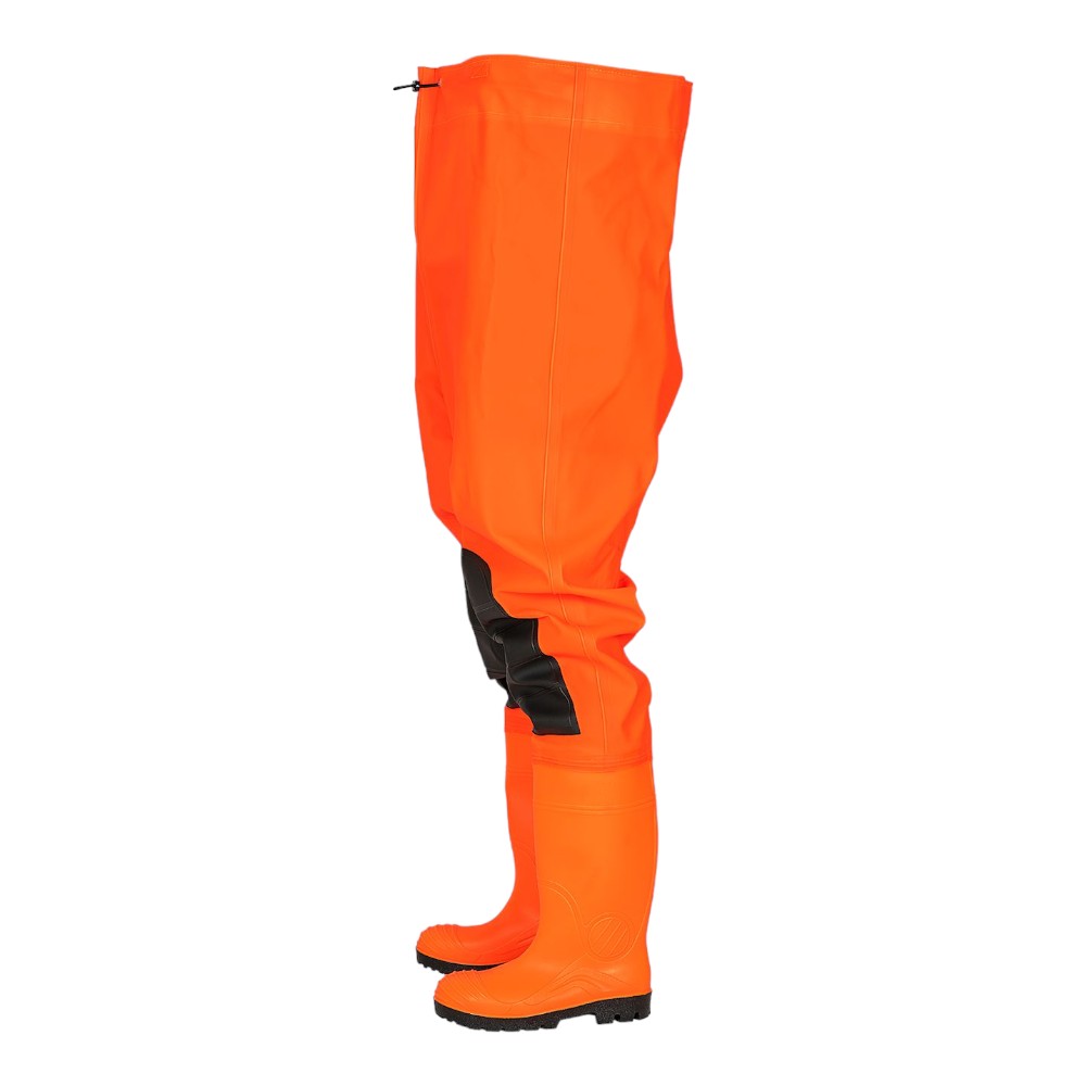 Fluorescent safety waders with knee reinforcements