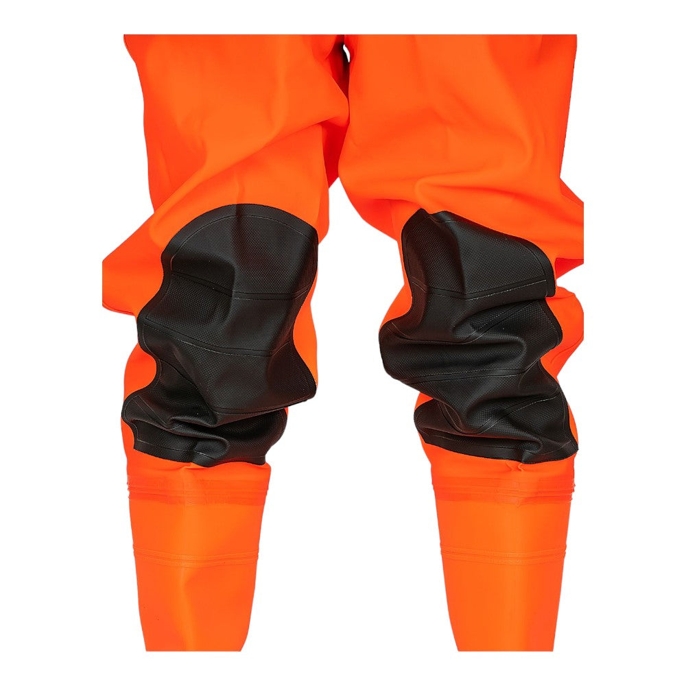 Fluorescent safety waders with knee reinforcements