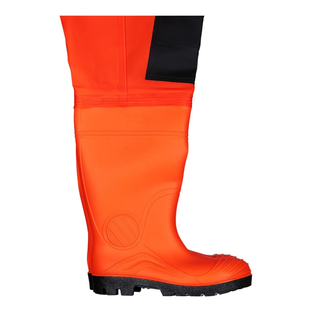 Fluorescent safety waders with knee reinforcements