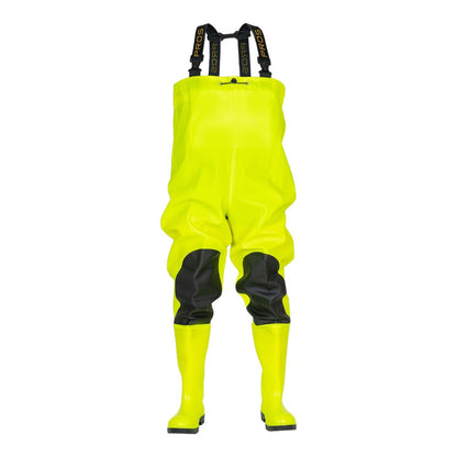 Fluorescent safety waders with knee reinforcements