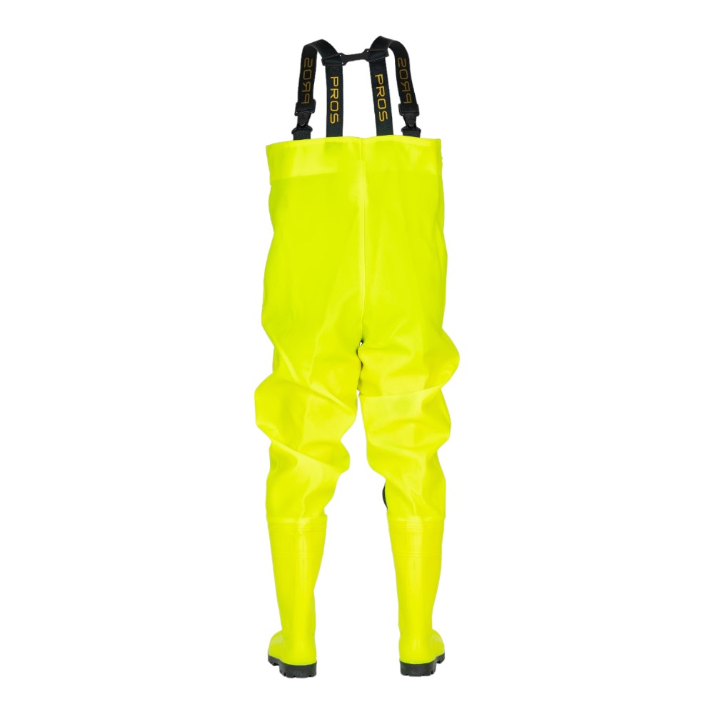 Fluorescent safety waders with knee reinforcements