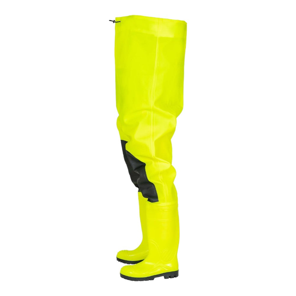 Fluorescent safety waders with knee reinforcements