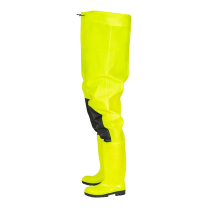 Fluorescent safety waders with knee reinforcements