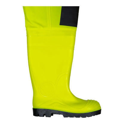 Fluorescent safety waders with knee reinforcements