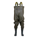Waders renforcé PROS Wear modèle SBP/P/01 en PVC olive foncé, avec poche de poitrine zippée imperméable et renforts aux genoux - vue de face.
