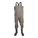 Waders de pêche respirant PROS Wear modèle SB04/AIR-CARP en textile multicouche beige, avec bottes noires et bretelles élastiques logotées - vue de face.