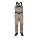 Waders de pêche respirant PROS Wear modèle SB04/NEO beige, équipé de chaussons en néoprène noirs, ceinture de wading et poche de poitrine étanche - vue de face.