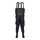 Waders ultra-résistant PROS Wear modèle WH01/XTREM noir PVC 1000g/m², avec bandes de renfort frontales et bottes à semelles rouges - vue de face.