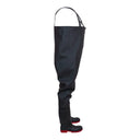 Waders de protection WH01/XTREM montrant l'épaisseur et la jonction étanche de la botte de sécurité à semelle rouge - vue de profil.