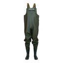 Waders professionnel en PVC vert olive PROS Wear modèle SB01/D pour femme, avec bottes intégrées et coupe ajustable - vue de face.
