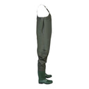 Waders étanche en PVC vert olive PROS Wear modèle SB01/D pour femme, illustrant la coupe haute et la botte soudée haute fréquence - vue de profil.