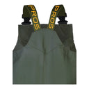 Détail : Croisement des bretelles élastiques logotées PROS jaune au dos du waders PVC femme modèle SB01/D, pour un maintien ergonomique.