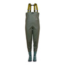 Waders professionnel pour enfant PROS Wear modèle SB01/J en PVC olive foncé, avec bottes vertes intégrées et cordon de serrage à la poitrine - vue de face.
